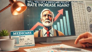 A featured image showing a graph or chart with an upward trend, symbolizing increasing Medicare policy rates. The image includes a Medicare card and a thoughtful senior figure, with the text 'Will You Get a Medicare Policy Rate Increase Again?' displayed in bold, clear font. The color scheme uses neutral tones with highlights of red or orange to emphasize the concern about rising rates.