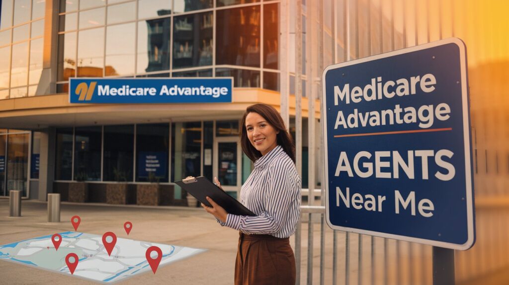 A photo of a woman with a clipboard standing near a sign that says "Medicare Advantage Agents Near Me". The background contains a building with a sign that says "Medicare Advantage". There is a map with red pins on the ground. The overall image has a warm, orange hue.