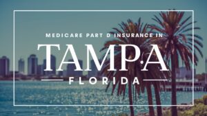 A visually appealing blog feature image with a clean and modern design. The text "Medicare Part D insurance in Tampa Florida" is displayed prominently, with a subtle gradient effect. Behind the text, there is a background image of a vibrant and sunny Tampa skyline, with palm trees and the sparkling waters of the bay. The overall theme of the image is informative and engaging, inviting readers to learn more about Medicare Part D insurance options in the Tampa, Florida area.