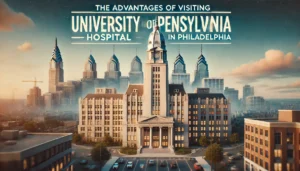 A featured image for a blog article titled "The Advantages of Visiting University of Pennsylvania Hospital in Philadelphia." The background shows the iconic University of Pennsylvania Hospital building with the Philadelphia city skyline in the distance. The hospital exterior is clean and impressive, symbolizing top-tier healthcare. The tone is prestigious, informative, and welcoming, emphasizing the benefits of receiving care at this renowned institution.
