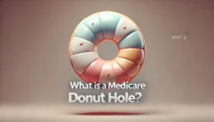A featured image with a large donut, symbolizing the 'donut hole' concept in Medicare Part D. The donut is divided into sections to represent different stages of Medicare coverage. The text 'What is a Medicare Donut Hole?' is displayed prominently in a clear, approachable font, with pastel colors creating a visually engaging and informative design.