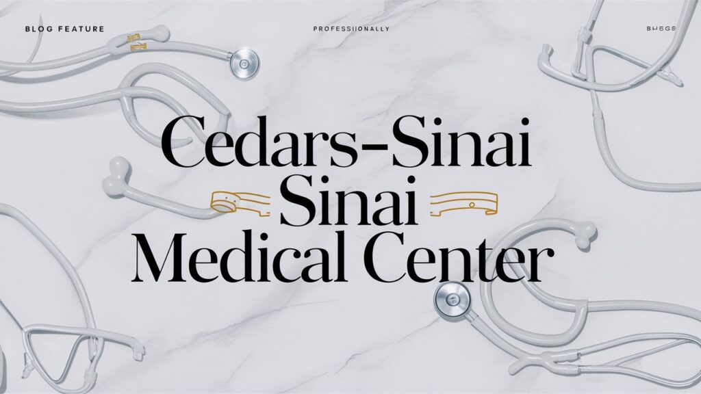 A professionally designed blog feature image with the text "Cedars-Sinai Medical Center" prominently displayed in elegant, modern font. The theme involves a clean, white background with subtle medical illustrations, such as stethoscopes and hospital bands, subtly infused throughout. The overall feel of the image is inviting and reputable, creating a sense of trust and professionalism for readers.