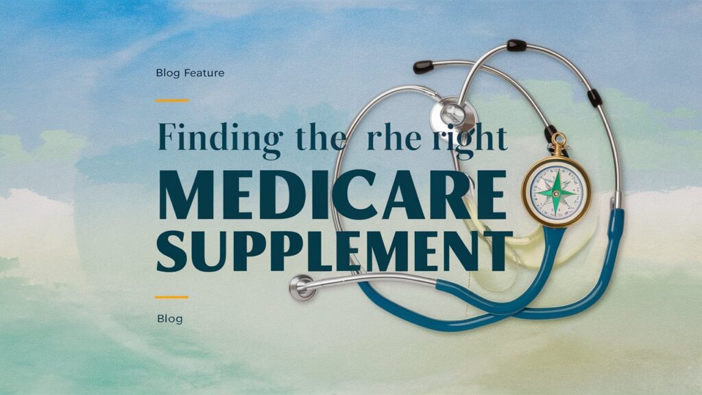 A professionally designed blog feature image with the text "Finding the Right Medicare Supplement" in bold, eye-catching letters. The theme is a blend of modern and medical aesthetics, featuring a stethoscope and a compass intertwined in a circular design. The background is a subtle gradient that transitions from light blue to a soothing pastel green, symbolizing health and growth.
