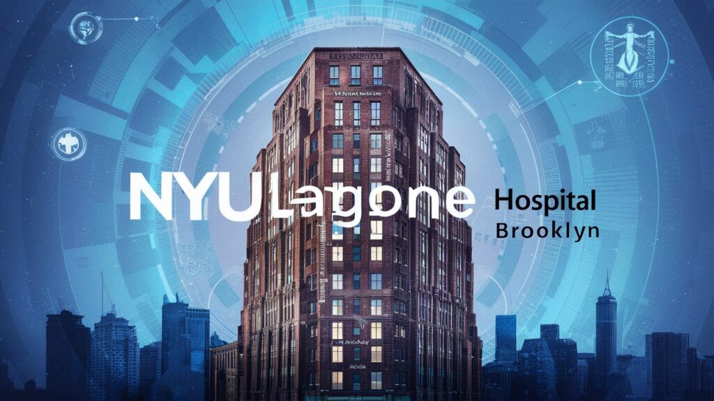 A visually captivating image of the NYU Langone Hospital Brooklyn building, with the hospital's name prominently displayed in modern, sleek font. The theme of the image is a harmonious blend of technology and healthcare, with futuristic design elements and medical symbols. The background features a skyline of Brooklyn, with a focus on the hospital as a beacon of hope and progress within the community.