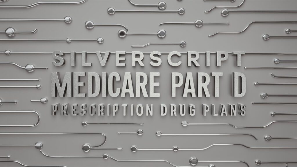 A visually appealing blog feature image with a clean and modern design. The text "SilverScript Medicare Part D Prescription Drug Plans" is displayed prominently in bold, silver letters. The background features a subtle pattern of interconnected silver lines, representing medicine and healthcare. The overall theme is professional yet approachable, with a sense of trust and reliability.