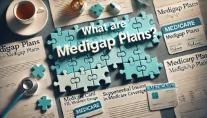 A featured image depicting puzzle pieces fitting together, symbolizing how Medigap plans fill the gaps in Medicare coverage. The image includes a Medicare card and insurance documents, with the text 'What are Medigap Plans?' prominently displayed in a clear, readable font. The color scheme uses calming blues, greens, and white, conveying trust and professionalism.