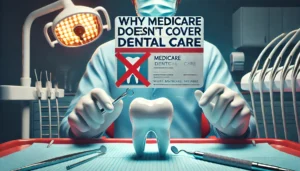 A featured image showing a dental examination setting with a dental chair and tools, highlighting the absence of coverage. A Medicare card marked with a red 'X' emphasizes the lack of dental care coverage. The text 'Why Medicare Doesn't Cover Dental Care' is displayed in a bold, clear font, with a professional color scheme of blues, whites, and a hint of red.