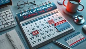 A featured image showing a calendar with dates circled in red, representing the General Enrollment Period (GEP) for Medicare. A Medicare card and a computer screen displaying an enrollment form emphasize the enrollment process. The text 'Enroll in Medicare During the (GEP)' is prominently displayed, with a color scheme of blue and red, reflecting urgency and the official Medicare branding.