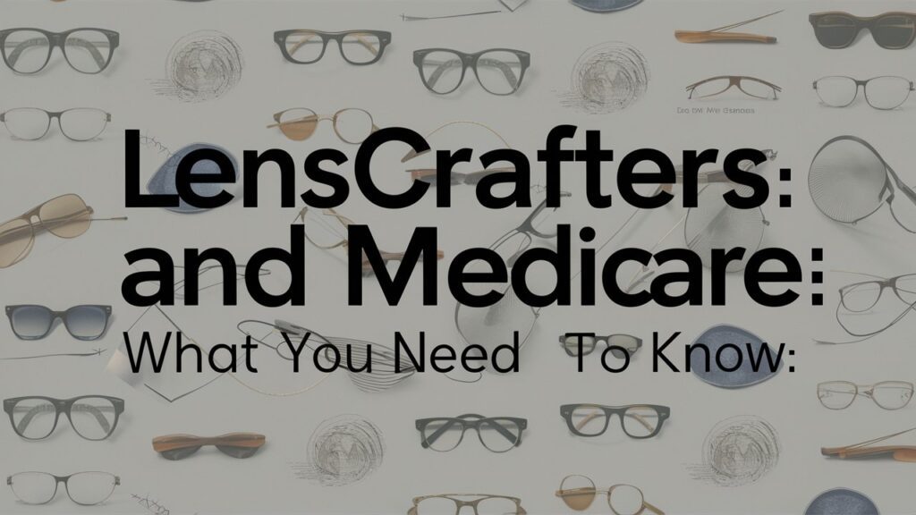 A visually appealing blog feature image with a clean and modern design. The text "LensCrafters and Medicare: What You Need to Know" is displayed prominently in bold, sans-serif font. The background features a subtle collage of eyeglasses, contact lenses, and various prescription lenses, symbolizing the focus on vision care. The overall theme is informative and professional, with a touch of warmth to make the topic approachable and relatable.