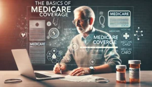 A featured image for a blog article titled "The Basics of Medicare Coverage" with bold, modern typography. The background shows an older Caucasian individual reviewing Medicare documents at a table with a laptop displaying Medicare information. Icons representing healthcare, such as a stethoscope, pill bottle, and Medicare card, are subtly included. The tone is educational and reassuring, emphasizing the fundamental aspects of Medicare coverage