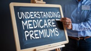 A photo of a person writing the text "Understanding Medicare Premiums" on a chalkboard. The person is wearing a blue shirt and a name tag. The chalkboard is placed on an easel. The background is dark.