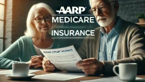 A featured image for a blog article titled "AARP Medicare Supplement Insurance" with bold, modern typography. The background shows an older Caucasian couple sitting at a table, reviewing an AARP-branded pamphlet along with Medicare documents. The focus is on the title text, emphasizing informed decision-making and the benefits of combining Medicare with AARP supplement insurance.