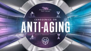 A visually appealing and professional image for a blog post about Cenegenics and anti-aging. The main focus of the image is a large, bold font with the text "Cenegenics on Anti-Aging". Surrounding the text, there are various icons and images symbolizing youthfulness, such as a fountain of youth, a rejuvenating serum, and a timeless hourglass. The background has a modern and sleek design with a gradient of blue, purple, and silver hues, giving it a futuristic and cutting-edge feel. The overall theme is a blend of science and wellness, with a hint of luxury.