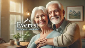 The image shows a warm and inviting home environment with soft lighting. A smiling senior couple, both with white hair and wearing cozy, light-colored clothing, is standing close together, exuding happiness and contentment. The text "Everest Medicare Supplement" is prominently displayed next to them, along with the Everest logo, which features a mountain peak. The overall atmosphere of the image is one of security, comfort, and care, reflecting the themes of the blog article.