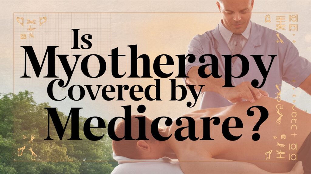 A visually appealing and informative blog feature image. The main text reads "Is Myotherapy Covered by Medicare?" in bold, black letters, with a subtle shadow effect. The background features a soothing, nature-inspired color palette and a silhouette of a person receiving myotherapy treatment from a chiropractor. The overlays include a subtle grid pattern and a series of chiropractic symbols that enhance the theme and create a harmonious balance between the text and the image.