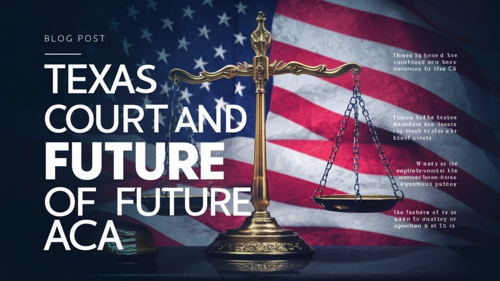 A captivating feature image for a blog post discussing the Texas Court Ruling and the future of ACA. The image showcases a balanced scale of justice, with the United States flag subtly in the background. The text "Texas Court Ruling and the Future of ACA" is displayed in bold, modern font, with a sense of urgency. The theme of the image is a mix of legal and healthcare elements, reflecting the importance of the topic and its potential impact on countless lives.