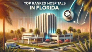 A featured image for a blog article titled "Top Ranked Hospitals in Florida" with bold, modern typography. The background shows a sunny Florida landscape with palm trees, highlighting a large, modern hospital building that symbolizes top-tier healthcare. Elements like a stethoscope or medical symbol are included in the foreground to reinforce the healthcare theme. The overall tone is prestigious, informative, and visually appealing