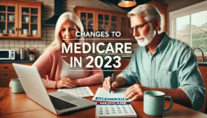 A featured image for a blog article with the title "Changes to Medicare in 2023" in bold, modern typography. The background shows an older Caucasian couple sitting at a kitchen table, reviewing documents with a laptop displaying Medicare information. A calendar marked with '2023' is visible, with the overall tone being warm and informative.