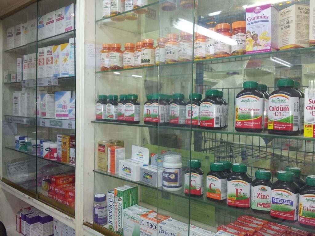 Prescription medicines and supplements at a pharmacy