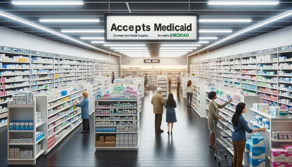 A variety of essential medical supplies displayed in a well-organized medical supply store, with a clear signage indicating Medical Supply That Accepts Medicaid