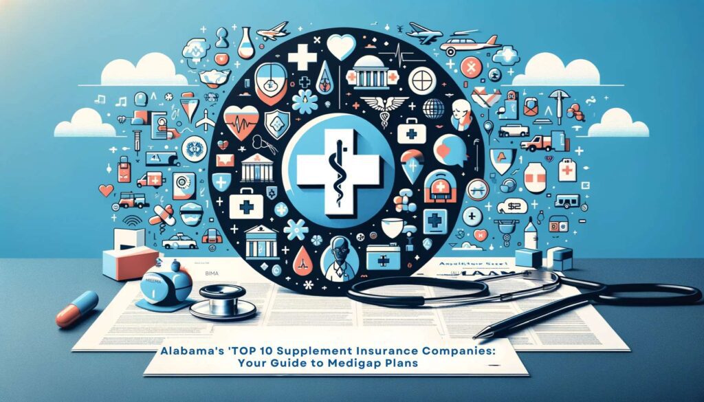 Horizontal banner image featuring a collage of symbols representing the top 10 supplemental insurance companies in Alabama. The image includes icons such as medical crosses, health care symbols, and a map of Alabama in the background. The text overlay reads 'Alabama's Top 10 Supplemental Insurance Companies - Your Guide to Medigap Plans'.