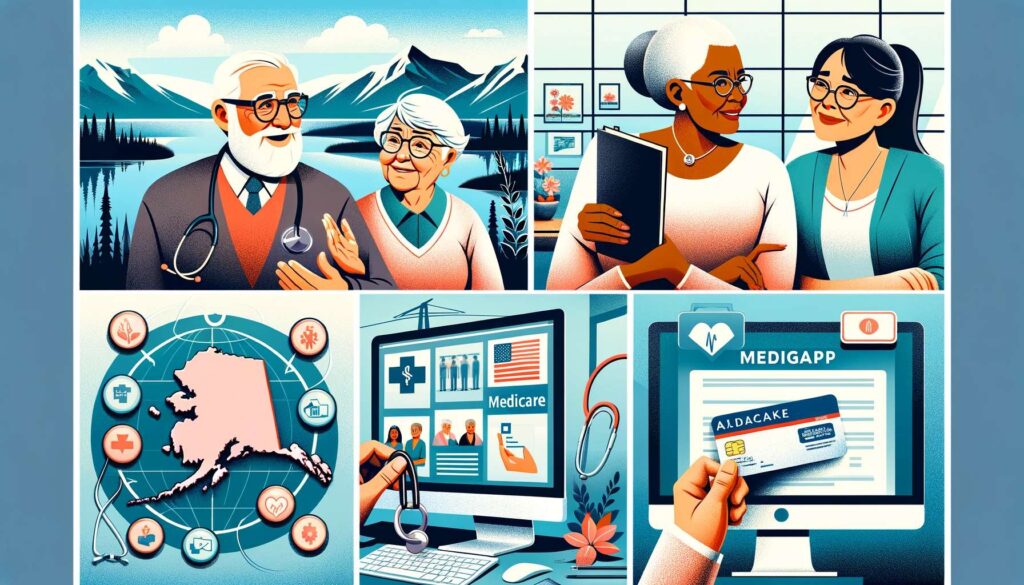 A horizontal collage showcasing four distinct segments related to health insurance, elderly care, Medicare, and Medigap in Alaska. The first segment illustrates elderly individuals, a Caucasian man and an Asian woman, engaging in a discussion about health insurance plans, with a map of Alaska as their backdrop. The second segment features a diverse group of senior citizens - a Black woman, a Hispanic man, and a Middle-Eastern woman - participating in a Medicare information session, set against the backdrop of a healthcare facility. The third segment presents a computer screen displaying various Medigap policies and benefits, adorned with icons representing different healthcare services. The fourth and final segment is a close-up view of a medical alert bracelet and a Medicare card, emphasizing the importance of healthcare coverage for the elderly, with a serene Alaskan landscape in the background