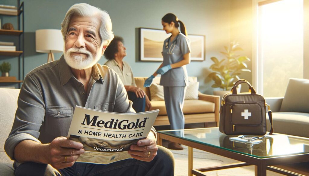 Photo landscape featuring an elderly Hispanic man with a salt-and-pepper beard, looking at ease, seated in a modern living room with light blue walls and wooden furnishings. He holds a MediGold brochure, showing genuine interest. Golden sunlight pours in, casting a warm glow. To his side, a glass coffee table displays a nurse's bag and medical equipment. In the blurred background, a Middle Eastern female home health care worker interacts with a young Asian man, presumably a family member. The phrase 'MediGold & Home Health Care: Uncovered' in an elegant font is displayed at the top, with a small MediGold logo at the bottom left corner.