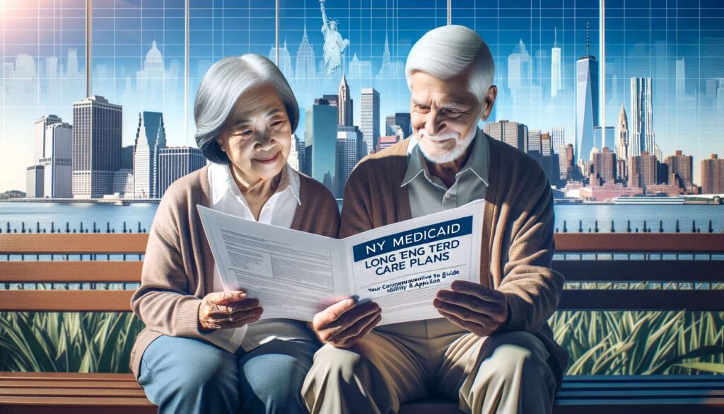 Photo of an elderly Asian woman and Caucasian man sitting closely together on a park bench, engrossed in reviewing a document. The iconic New York skyline, including skyscrapers and the Statue of Liberty, stretches out behind them under a clear blue sky. Overlaying the entire scene is a semi-transparent layer. At the center of the image, the text 'NY Medicaid Long Term Care Plans' is prominently displayed in bold, white font. Just below this main title, there's a smaller subtitle in white that reads: 'Your Comprehensive Guide to Eligibility & Application'.