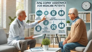 A healthcare provider explaining IVIG copay assistance to an elderly patient, using a clear visual aid like a brochure or chart. The setting is a bright, modern clinic with a welcoming atmosphere. The text "IVIG Copay Assistance for Medicare Patients" is displayed prominently at the top.