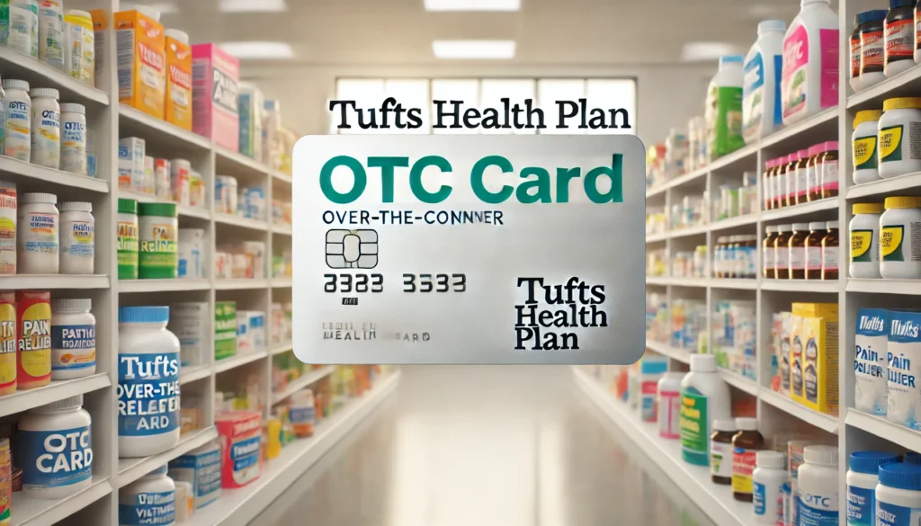 Professional image showing a Tufts Health Plan OTC card next to over-the-counter items like vitamins, pain relievers, and first aid supplies, with a clean, blurred pharmacy aisle in the background.