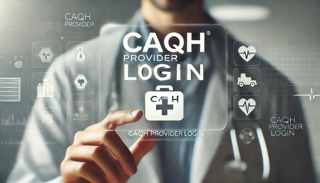 Clean, professional image with the text 'CAQH Provider Login' in bold font, with a minimalist background and subtle healthcare-related icons.