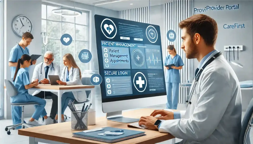 A healthcare professional, such as a doctor or nurse, sitting in a modern clinic or hospital setting, focused on a computer screen. The computer interface should subtly hint at the CareFirst provider portal without explicit branding, and the professional is working with medical records.