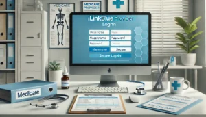 An abstract design featuring interconnected icons representing healthcare and secure digital access. Icons include a shield for security, a stethoscope for healthcare, and a computer mouse pointer for digital navigation. The elements are connected by flowing lines, symbolizing integration and connectivity. The background has soft blue and white gradients, creating a modern and trustworthy aesthetic ideal for illustrating digital provider services.