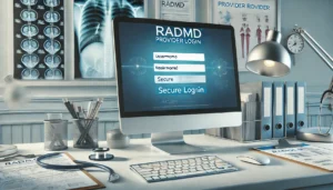 A professional radiology workspace featuring a desktop computer displaying the RadMD provider login page. The screen includes username and password fields with a secure login button. Surrounding the computer are radiology-related items such as X-ray films, patient charts, a stethoscope, and healthcare documents. The setting is clean, modern, and well-lit, with soft blue and white tones to convey trust, professionalism, and radiology expertise.