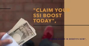 An engaging graphic with the headline "Claim Your SSI Boost Today" in bold yellow-orange text, highlighting the $4,044 benefit increase for Supplemental Security Income (SSI). The image visually suggests financial relief, showing a hand holding an envelope of cash, representing the potential monetary support for SSI beneficiaries. The background includes a blurred brick pavement and a hint of a red shoe, symbolizing real-life struggles and the opportunity to overcome them through reform. The design aligns with key topics such as understanding SSI, why benefits fall short, financial gaps, the original purpose of SSI, its impact on beneficiaries, potential reforms, steps lawmakers can take, and ways individuals can advocate for change.