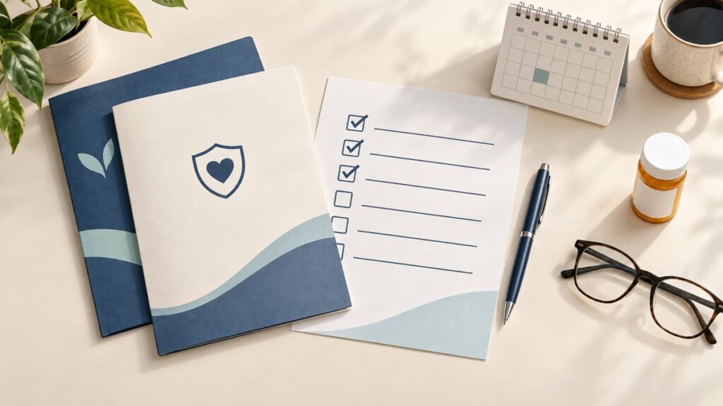 Plan documents, a checklist, calendar, prescription bottle and reading glasses on a desk.