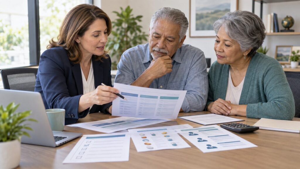 Advisor reviewing Medicare plan comparison documents with an older couple