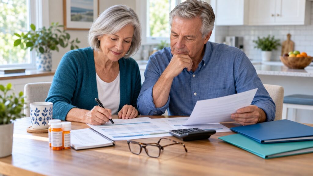 Couple completing a Medicare plan comparison worksheet at a kitchen table