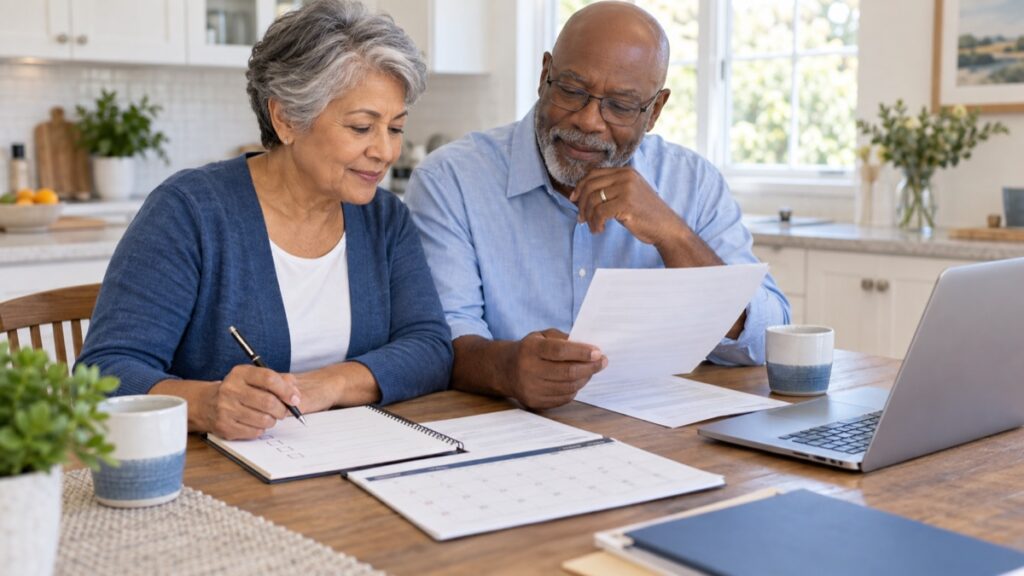 Couple reviewing a Medicare enrollment checklist and calendar at a kitchen table