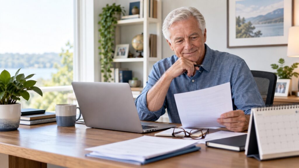Older professional reviewing Medicare and employer coverage options at a home-office desk